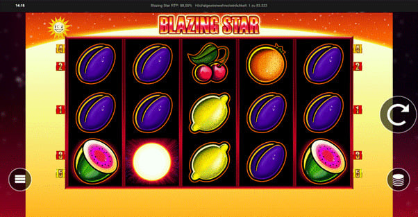 Spieloberfl&auml;che des Blazing Star Slots mit bunten Frucht-Symbolen